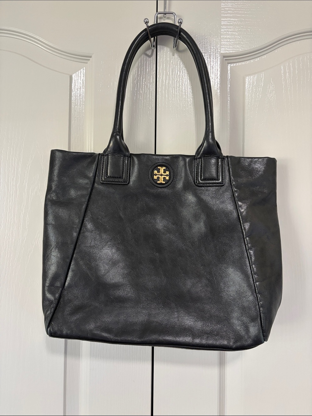 Tory Burch Black Leather Tote with Gold Logo Accent